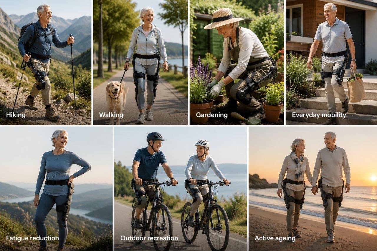 Active ageing collage — real people living active lives with exoskeleton support